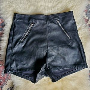 High Waist Leather Like Zippered Shorts